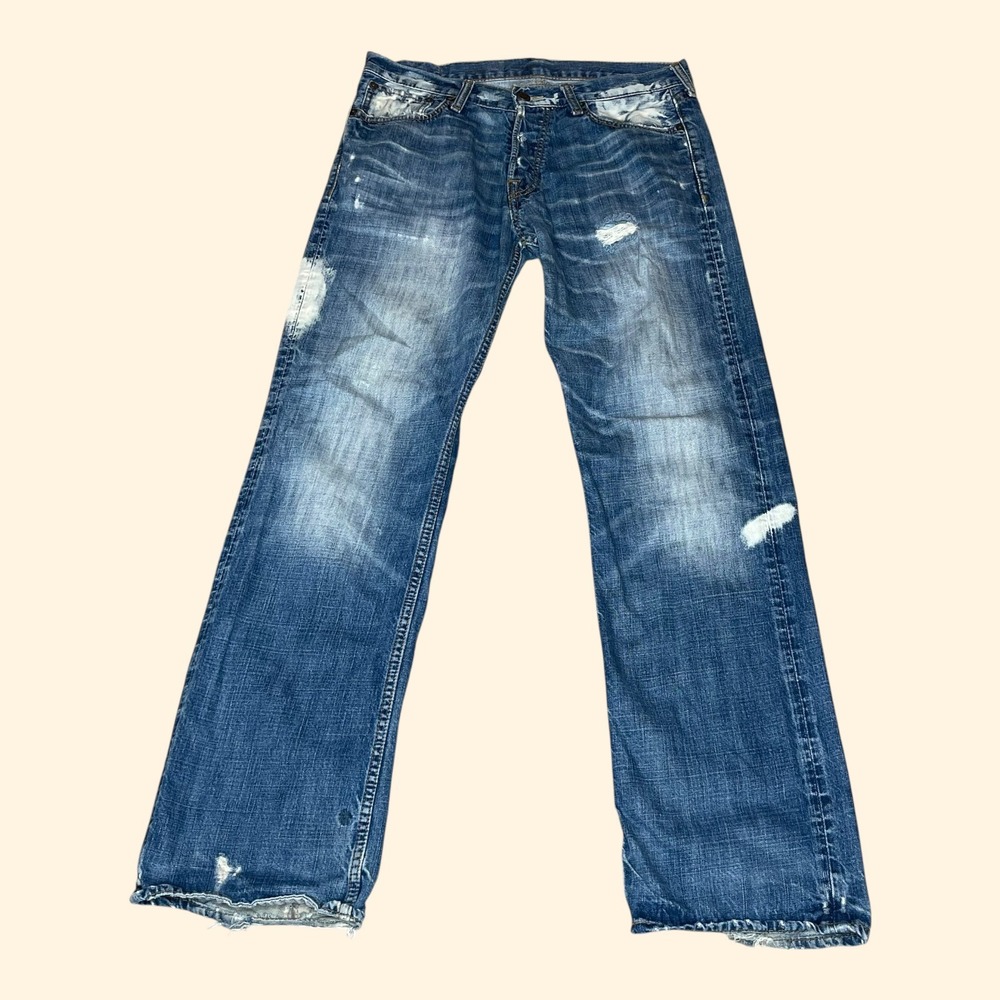Y2K Ruehl No. 925 Mercer Mens Low Rise Bootcut Distressed Jeans 32x34 Button Fly